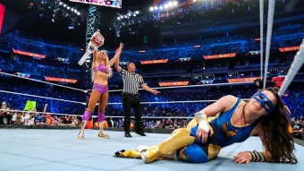 Charlotte Flair defeated Rhea Ripley and Nikki A.S.H to win
