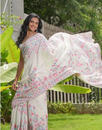 Sindhu looks gorgeous in an embellished white saree