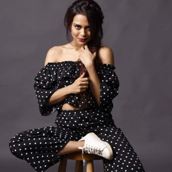 Sana Saeed looks cute in a polka-dotted top and matching pants.