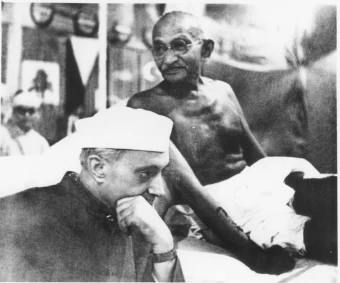Pandit Jawahar Lal Nehru with Mahatma Gandhi.