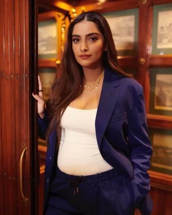Sonam Kapoor was seen in a blue pantsuit