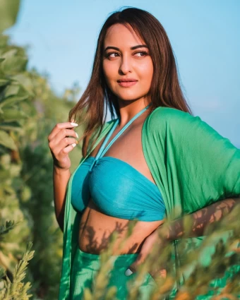 Sonakshi Sinha looks lovely in the blue bikini and green coords combo