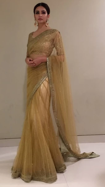 Kriti Kharbanda looks glamorous in the mustard yellow tulle saree