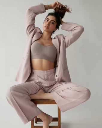 Khushi Kapoor looks smart in the pastel-coloured pantsuit.