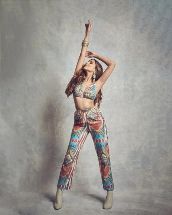 Tara Sutaria strikes a pose in the printed bralette and matching pants