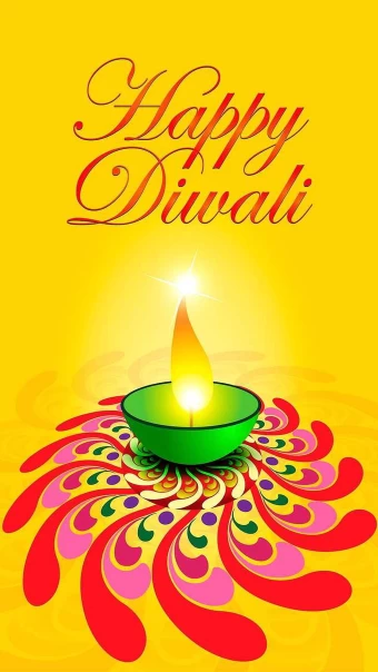 Cool Diwali Festival Banner Portrays A Bowl With A Candle Inside It And Colorful Patterns Below On A Yellow Background.