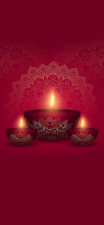 Stunningly Beautiful Image Of Diwali Candle Lamps Glowing Against A Red Background With Flower Patterns