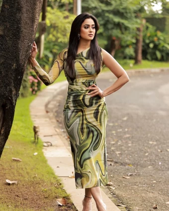 Shweta Tiwari looks chic in the figure-hugging printed midi dress.