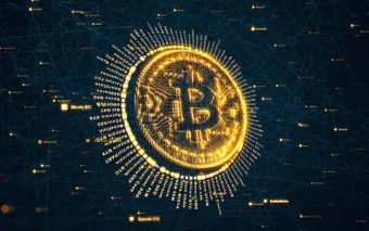 Stunning Graphic Image Of An Illuminating Bitcoin Symbol Against A Graphic Backdrop Field With Digital Connections For A Crypto Desktop Background.