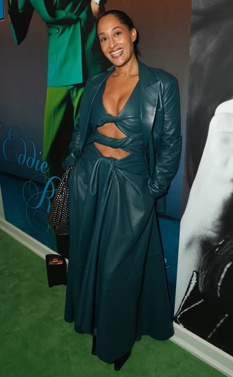 Actress Tracee Ellis Ross rocks a leather cutout dress and jacket at W Magazine's Annual Best Performances Party at Chateau Marmont in Los Angeles.