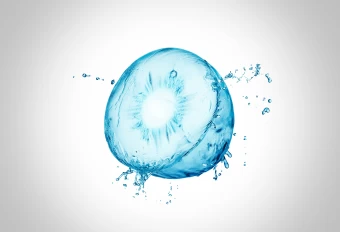 An Abstract Photo Render Of A Halved Kiwi Fruit Turned Into A Clear Blue Liquid Against A White Background