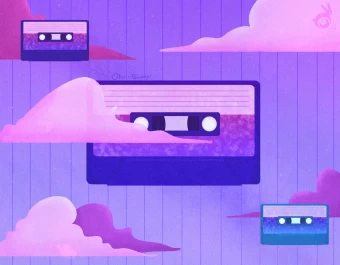 Purple Aesthetic Profile Picture Of An Old Cassette Tape And Cloud Patterns Against A Stripy Background