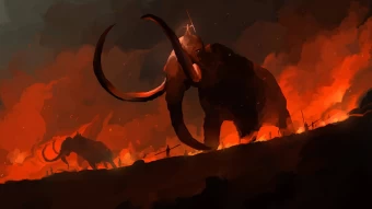 Group Of Mammoths Being Fiery Village While Being Attacked By Humans.