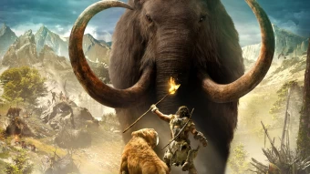 Mammoth Charging At A Man Holding A Fire Stick With A Sabretooth Beside Him