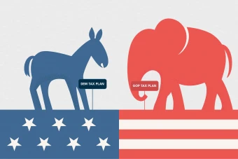 Cartoon Illustration Showing The Democrat Donkey And Republican Elephant Holding Signboards Labeled With Their Tax Plans