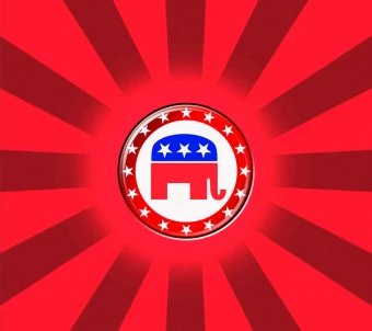 Republican Party Elephant Emblem Placed In A Circular Shape Bordered By Stars On A Striped Red Background