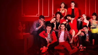 powerful promotional poster of Elite season 4 cast as they all dressed elegantly and posed against a red background