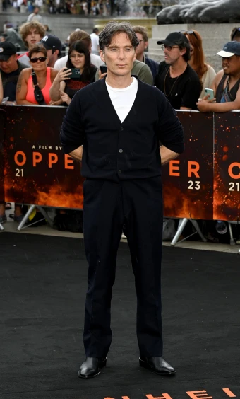 Cillian Murphy looked laidback when he wore this black cardigan tucked into black trousers with a white T-shirt underneath at an ‘Oppenheimer’ film photocall in London