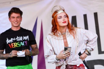 Benjamin Mascolo and Bella Thorne attends the Milano Pride Event in Sempione Square on June 26, 2021 in Milan, Italy