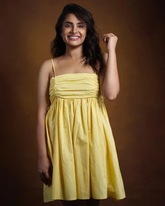 Hariteja in Stylish Yellow Mini Frock: A Stunning Look