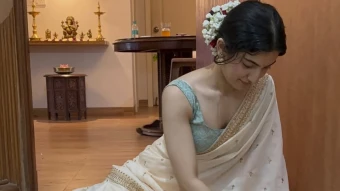 In this stunning white saree with golden mirror work, she adopted an ethereal appearance, paired with a sleek bun adorned with gajra and subtle minimal makeup.