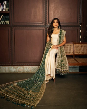 Rashmika Mandanna: The Thamma star looked regal in an ivory sharara set with a green dupatta