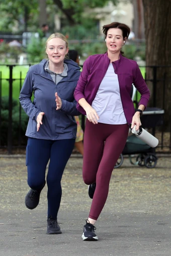 Dakota Fanning and Jennifer Marsala film an Apple TV+ series in NYC.
