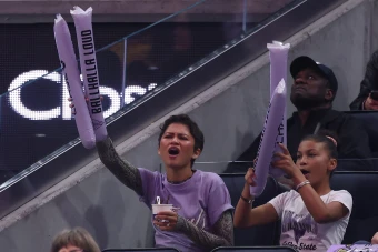 Zendaya cheers in the crowd during game five of the 2026 WNBA Finals between the Golden State Valkyries and the Atlanta Dream at Chase Center in San Francisco, Calif.