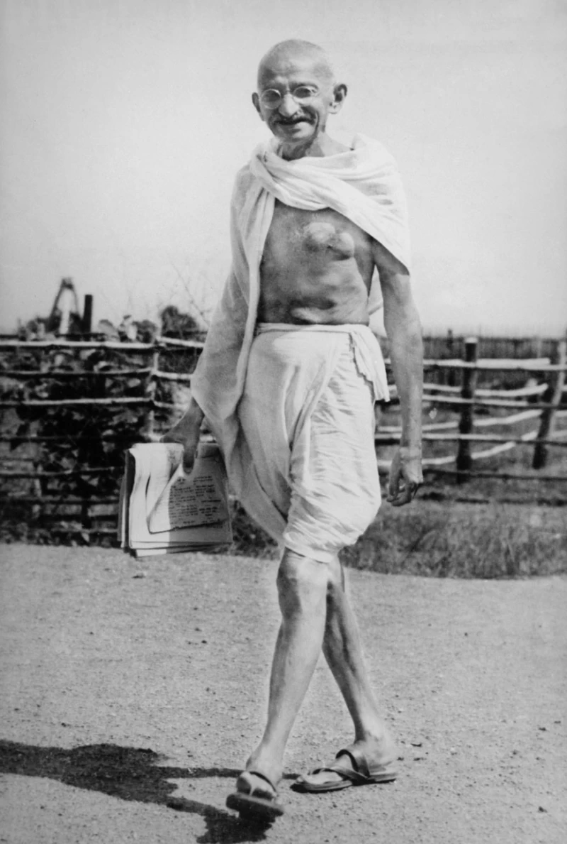 Mahatma Gandhi photographed at the Sevagram Ashram.