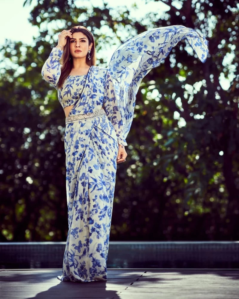 Raveena Tandon looks graceful in the floral saree