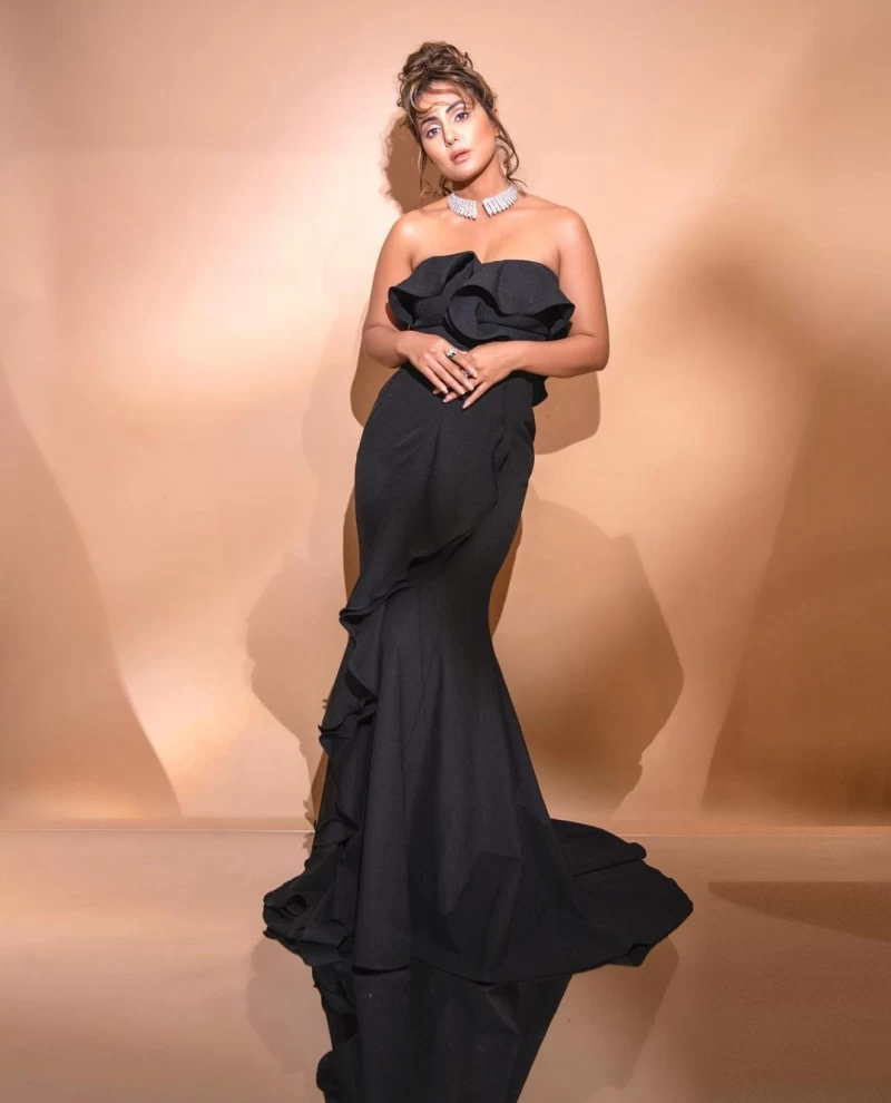 Hina Khan Spells Elegance In Black Off-shoulder Gown With Messy Updo