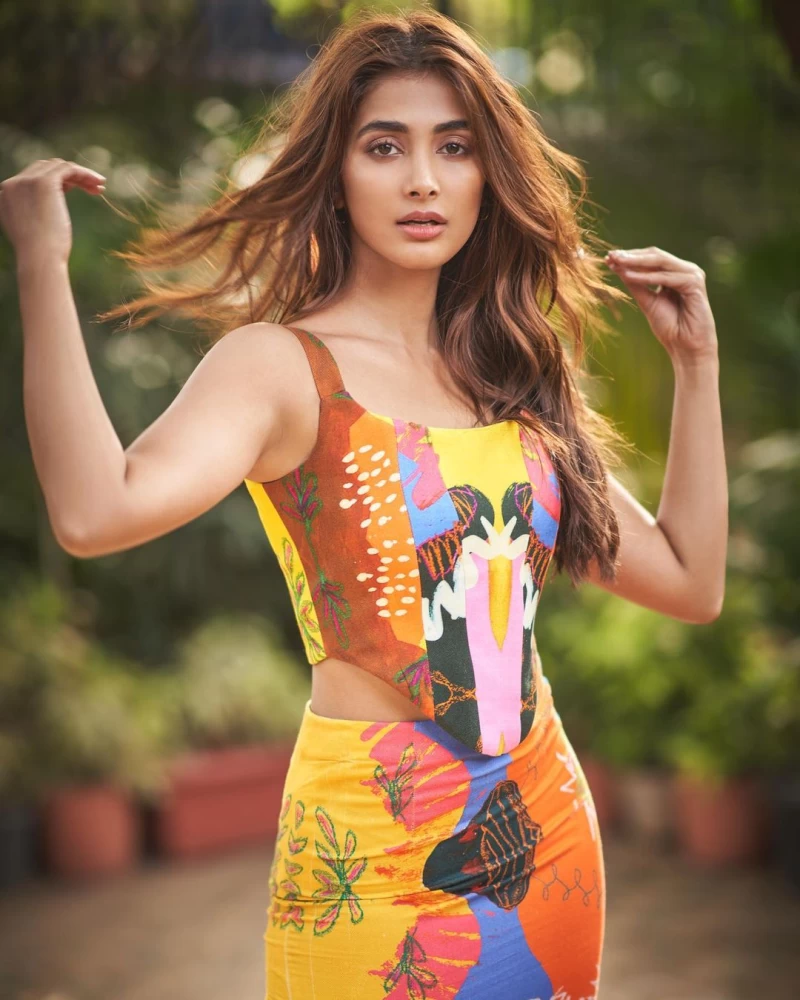 Pooja Hegde looks vibrant in a colourful corset-style top and matching skirt