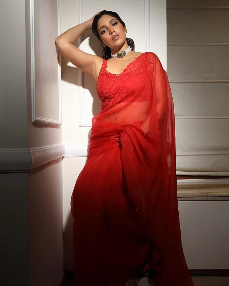 Bhumi Pednekar looks graceful in the red organza saree