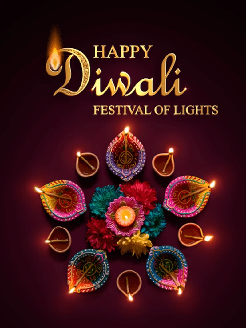An Amazing Diwali Digital Greeting Card Features A Candle With Flowers Below On A Maroon Background.