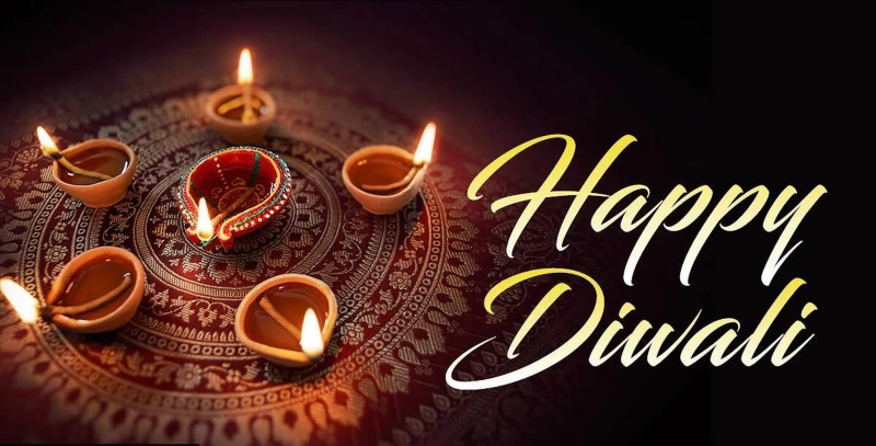 Beautiful Poster Of A Diya On The Left Side Of An Image With Red Background With Orbs Designs And Golden Text, 