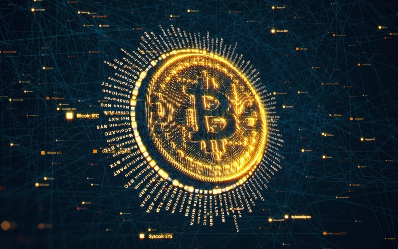 Stunning Graphic Image Of An Illuminating Bitcoin Symbol Against A Graphic Backdrop Field With Digital Connections For A Crypto Desktop Background.