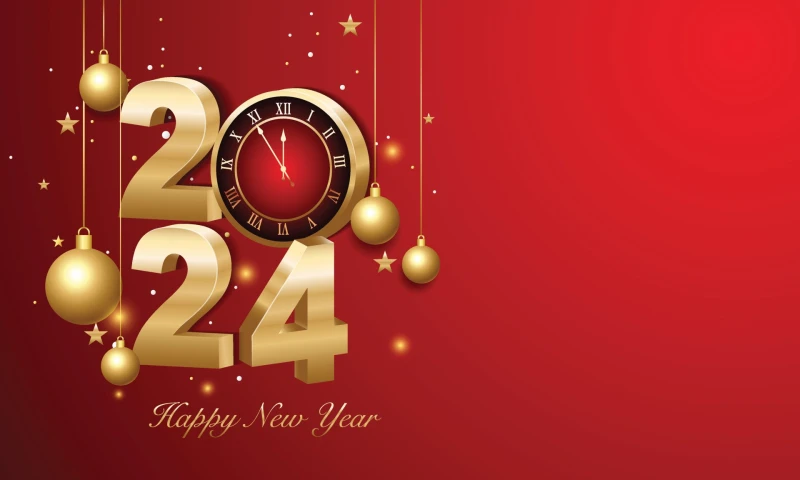 Happy new year 2024. 3D gold numbers with golden Christmas decoration and confetti on dark background. Holiday greeting card design