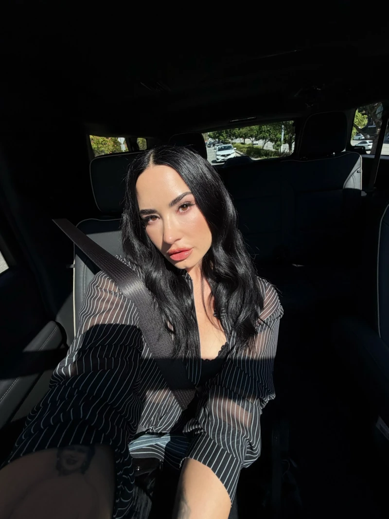 Demi Lovato keeps it demure in the back of the car.