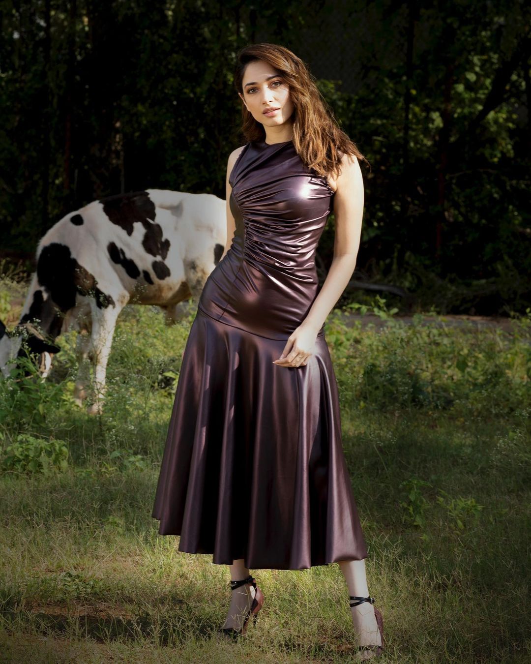 Tamannaah Bhatia stuns in the faux leather midi dress