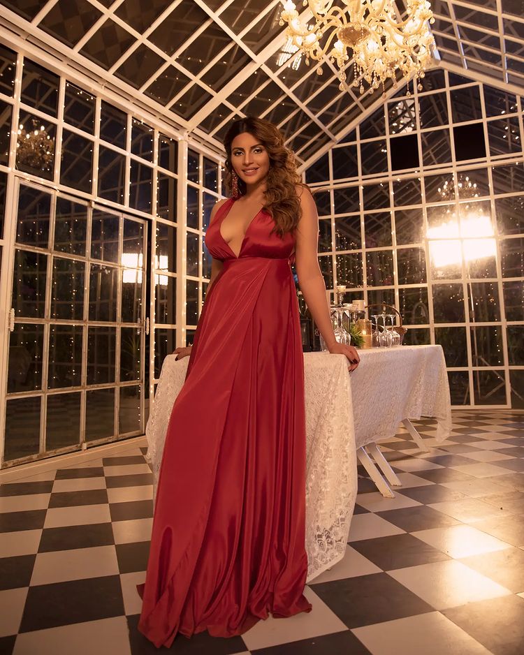 Shama Sikander looks statusque in the maroon gown