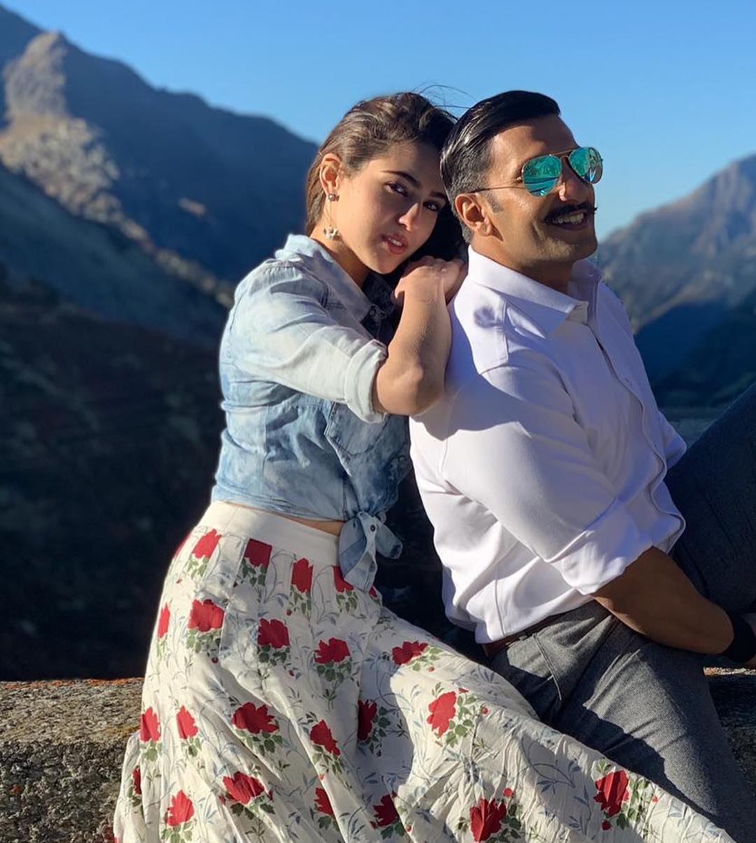 Sara Ali Khan and Ranveer Singh pose for a picture during the shoot of their film