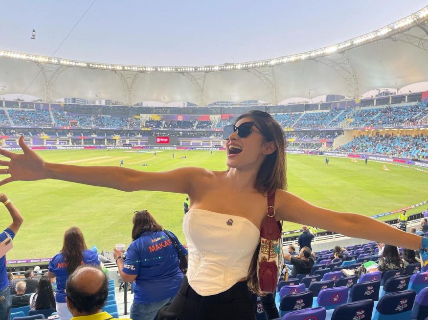 Mouni Roy looked fashionable in a white tube top as she posed from the stands at the India-Pak match