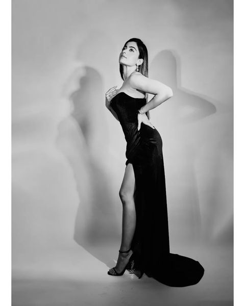 Rashmika Mandanna looks elegant in the black off-shoulder gown