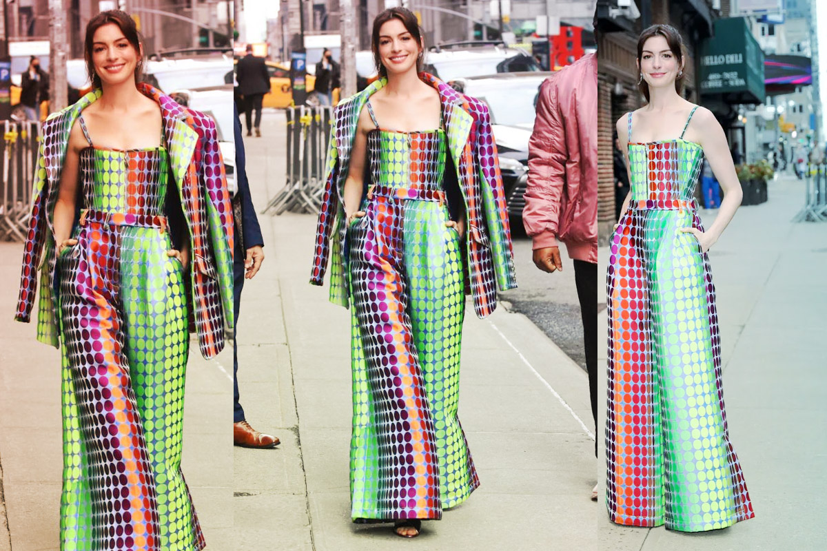 Anne Hathaway Was Seen In A Multicolour Jumpsuit While Promoting Her Series