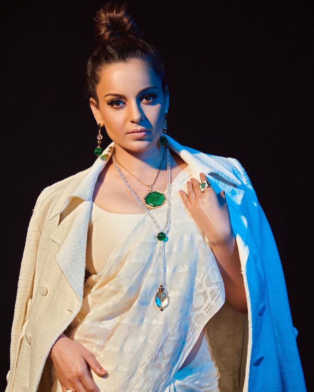 Kangana Ranaut pairs her white khadi saree with a matching jacket
