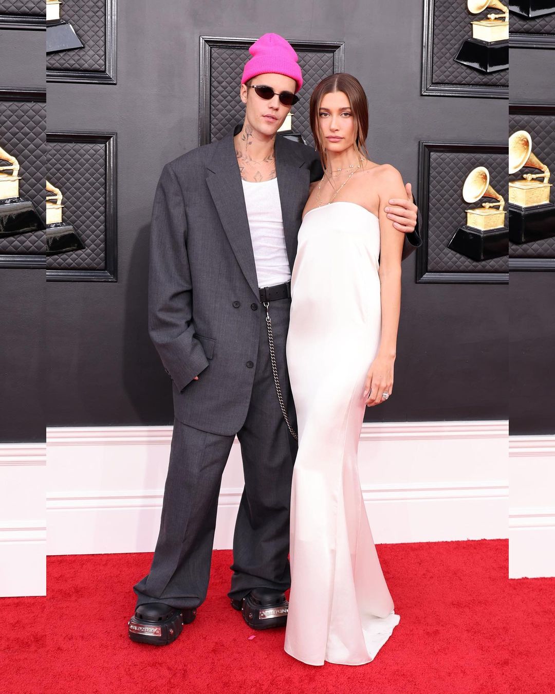 Justin Bieber kept it stylish in an oversized Balenciaga suit while his wife Hailey Bieber looked sexy in the off-shoulder white dress by YSL.