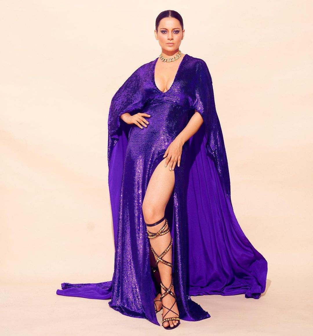 Kangana Ranaut Looks Regal In Sequinned Purple Caped Gown With Plunging Neckline