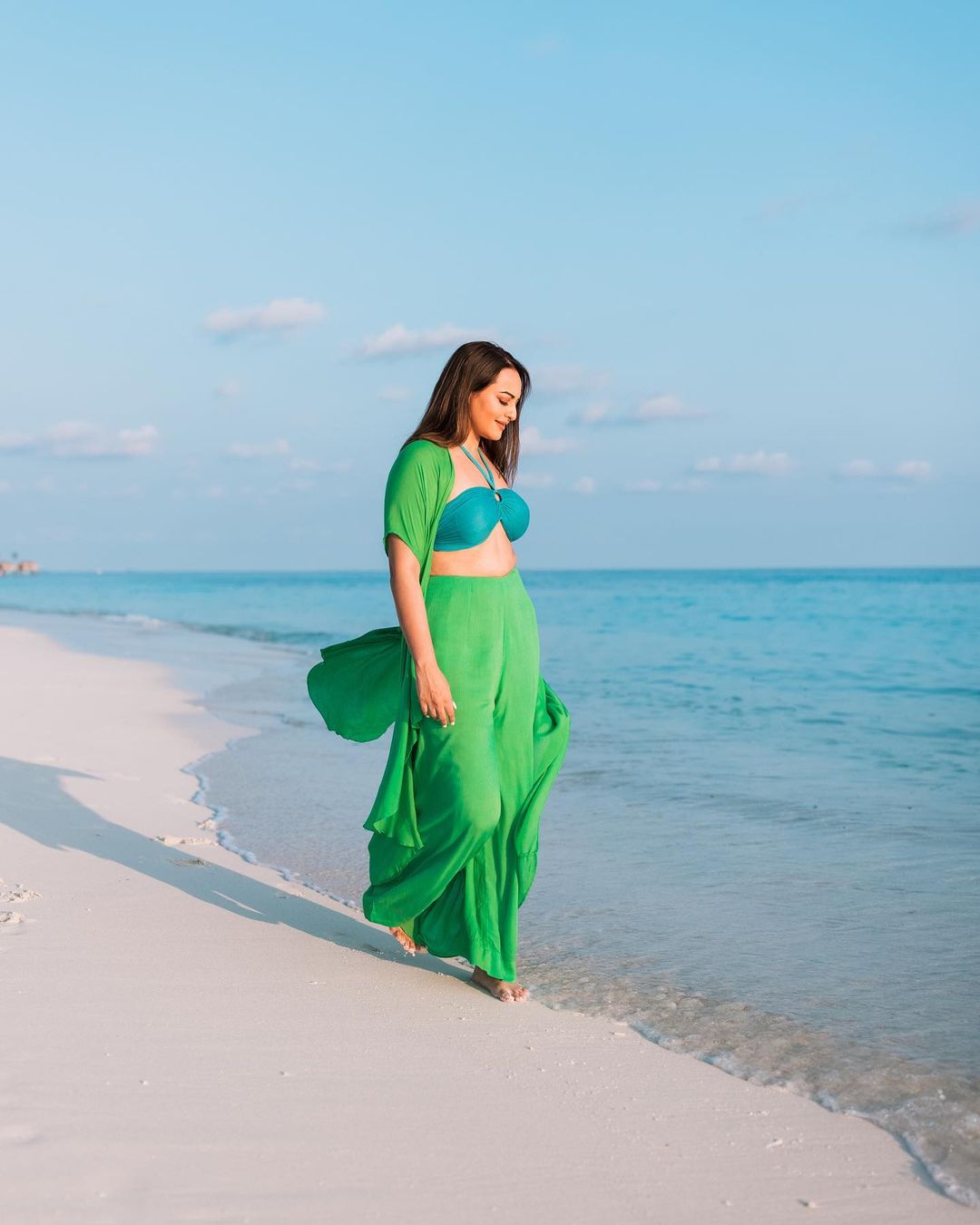 Sonakshi Sinha takes a walk on the beach in a green co-ord set