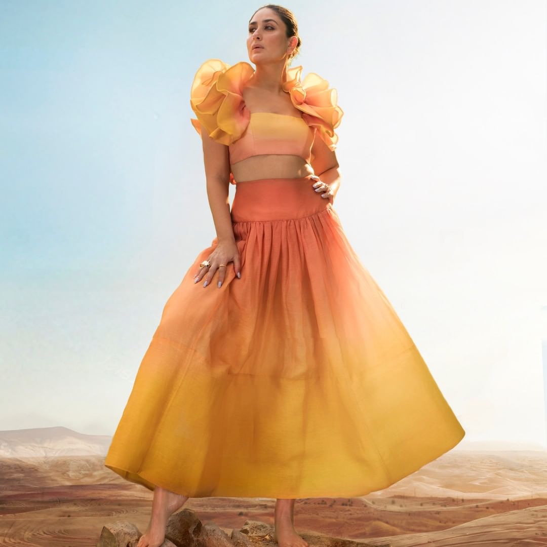 Kareena Kapoor Khan looks regal in the dual-toned ruffled crop top and A-line skirt