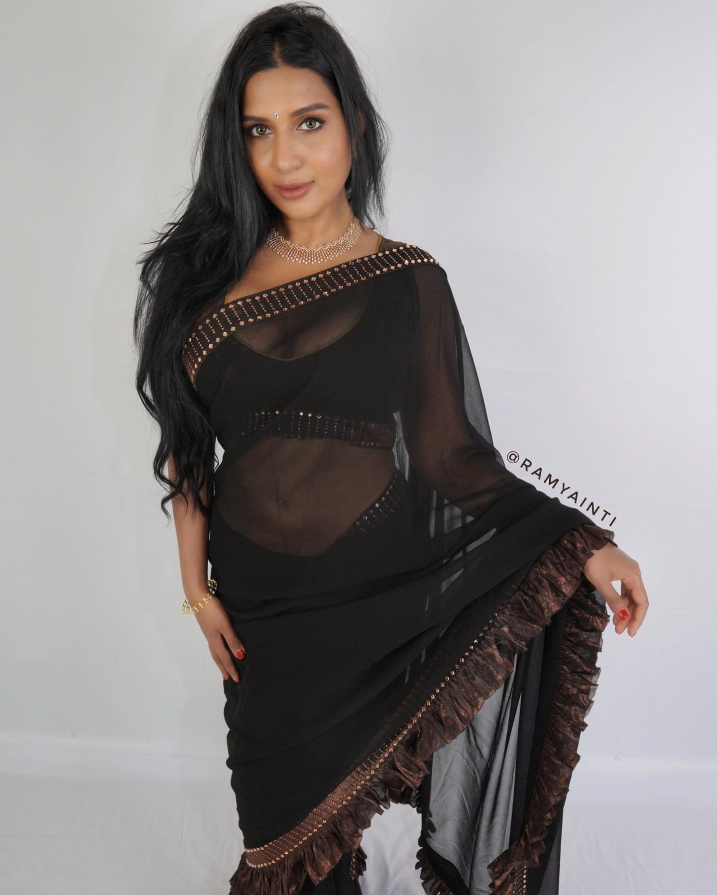 Indian Model Ramya Black Saree Photo